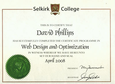 Selkirk College graduation certificate in web design and optimization